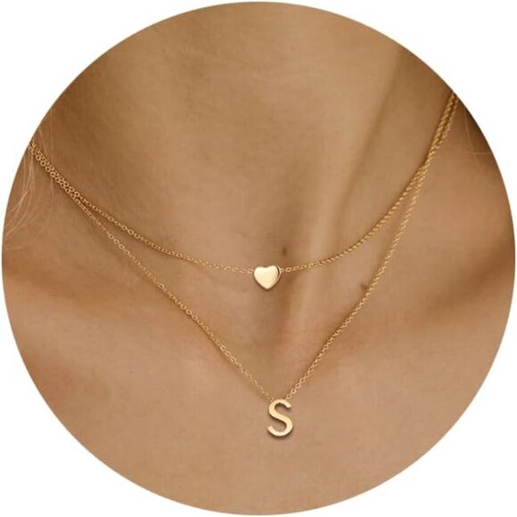 Jewelry - 18K Gold Plated Stainless Steel Layered Heart Initial Necklace Personalized Tiny